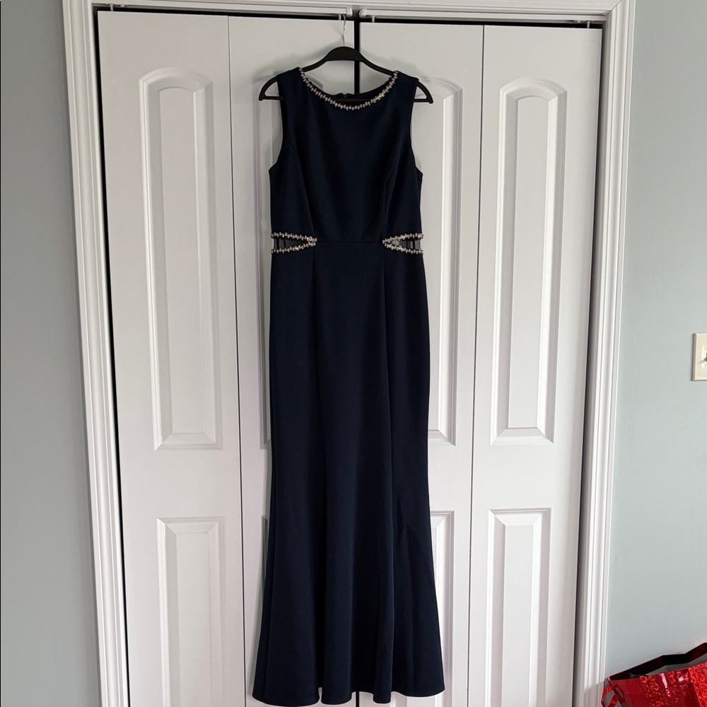 Xscape Navy Blue Maxi Dress with Silver Accents